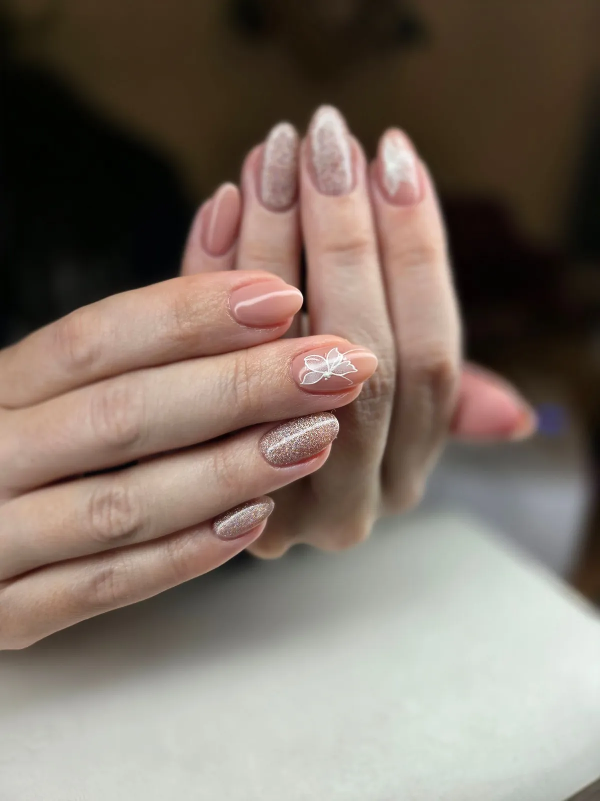 Neutral structured gel manicure with a glossy, strengthened finish